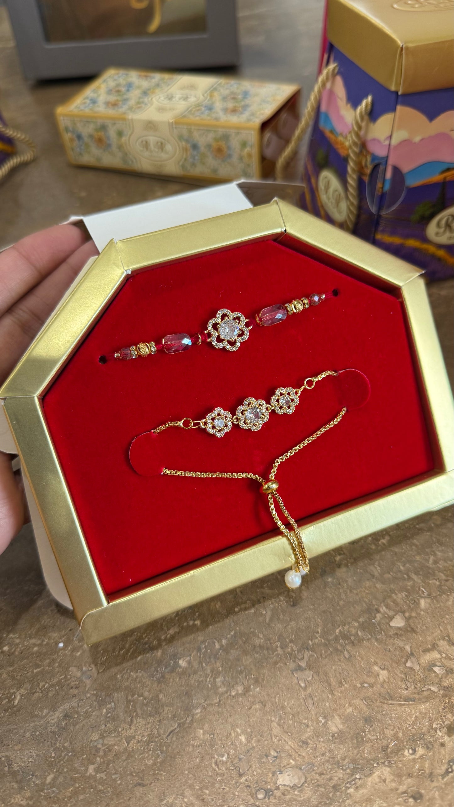 Premium American Diamond Rakhi for veera and bhabi combo