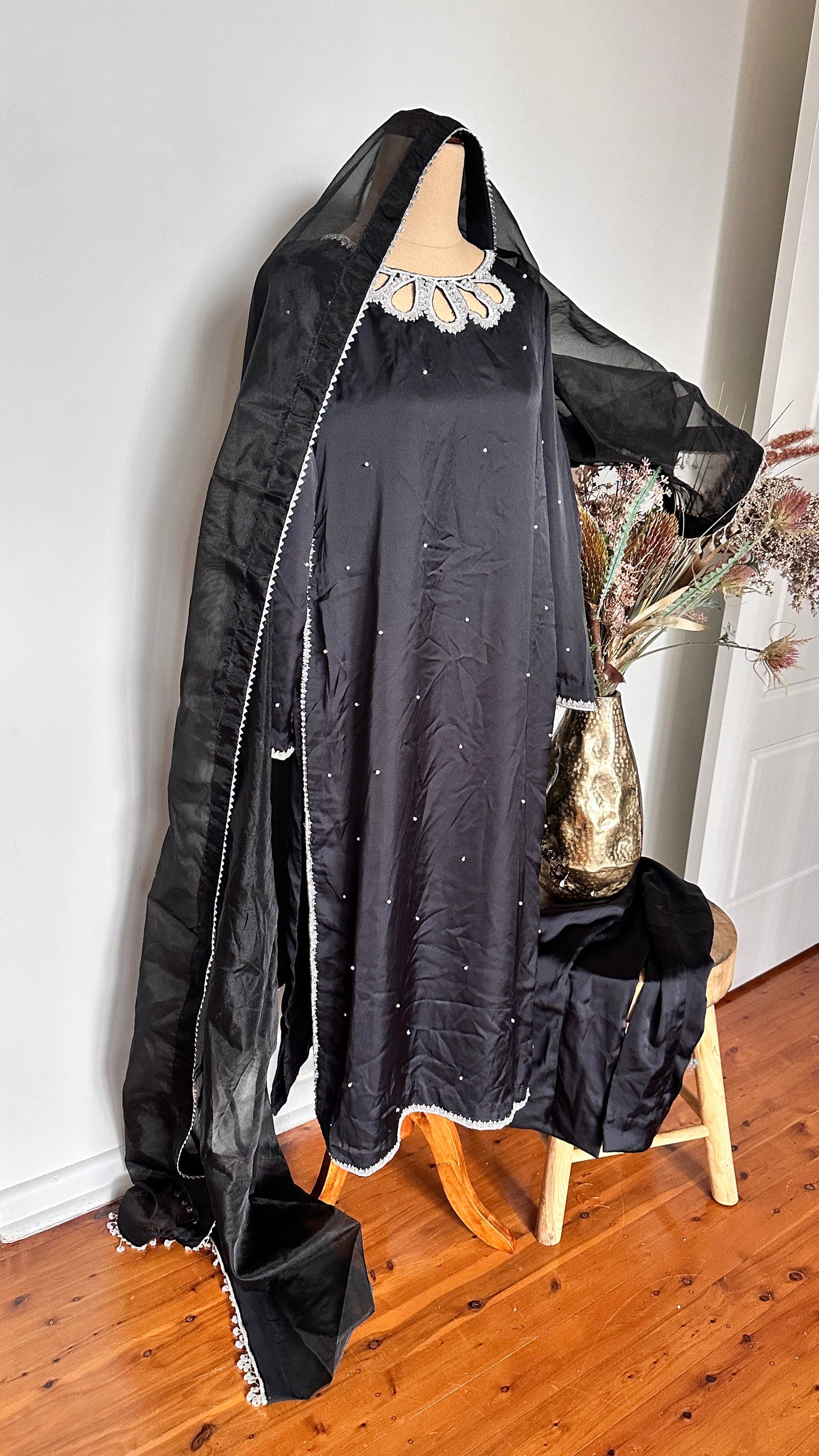 Three piece Pakistani hand work outfit black