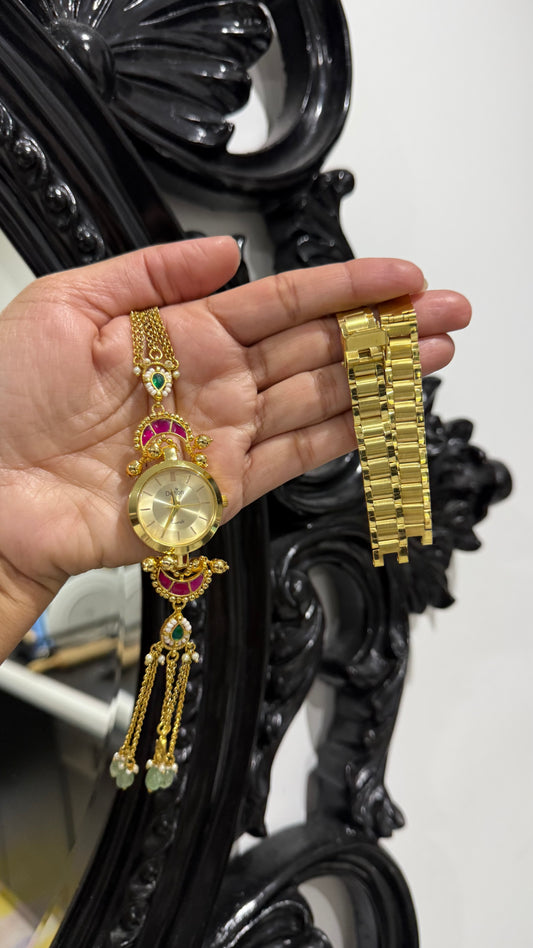 Pachi kundan watch free size gold plated bracelet style