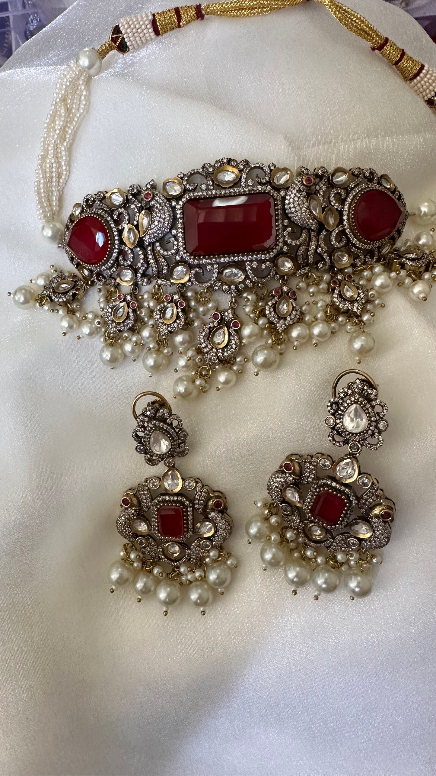 Moissanite choker with earrings with doublet stone ruby red