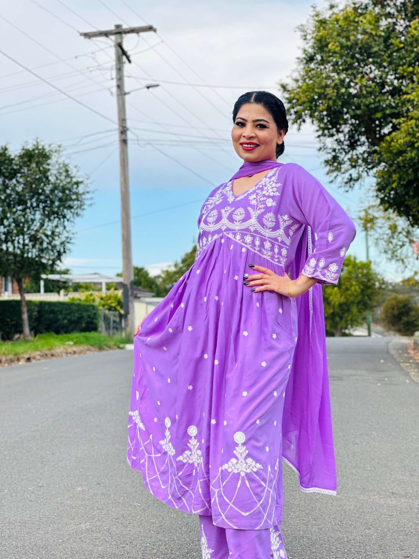 Rayon cotton outfit with loose palazo and dupatta