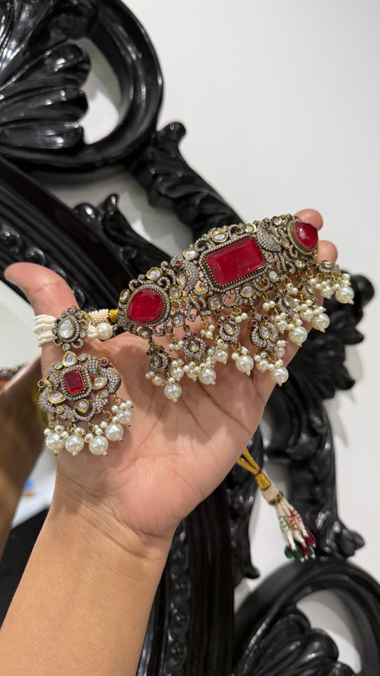 Moissanite choker with earrings with doublet stone ruby red