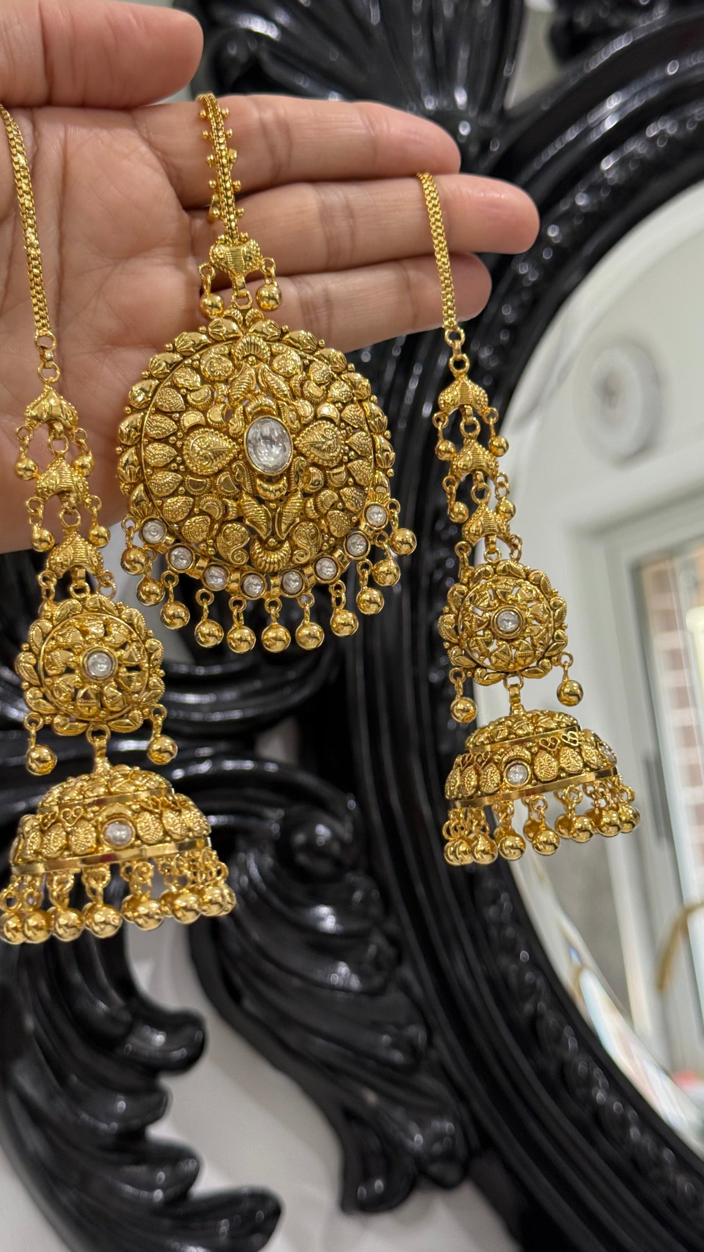 Gold plated earrings inspired from real gold design Jhumka and tikka Combo Sandookh Collection