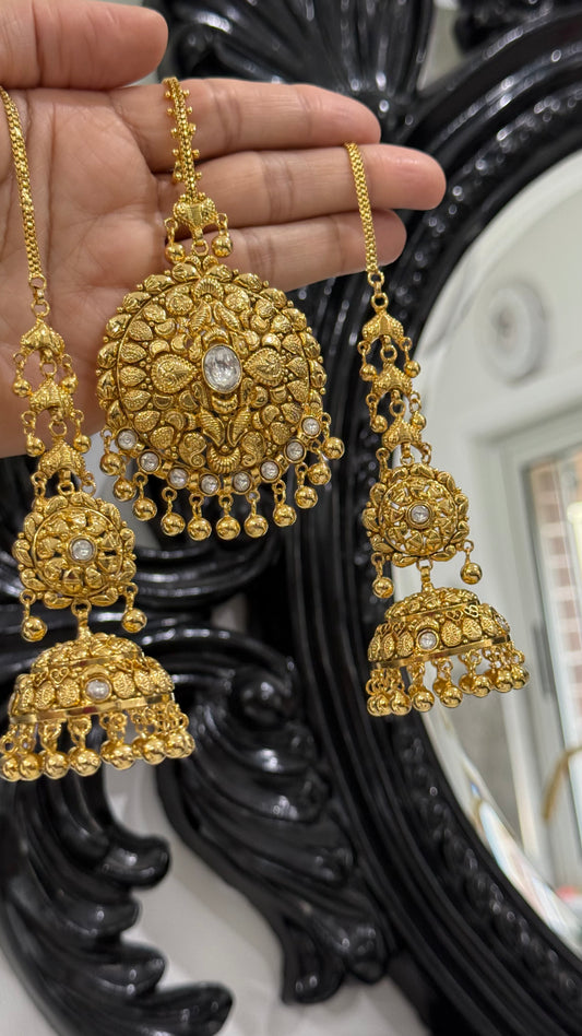 Gold plated earrings inspired from real gold design Jhumka and tikka Combo Sandookh Collection
