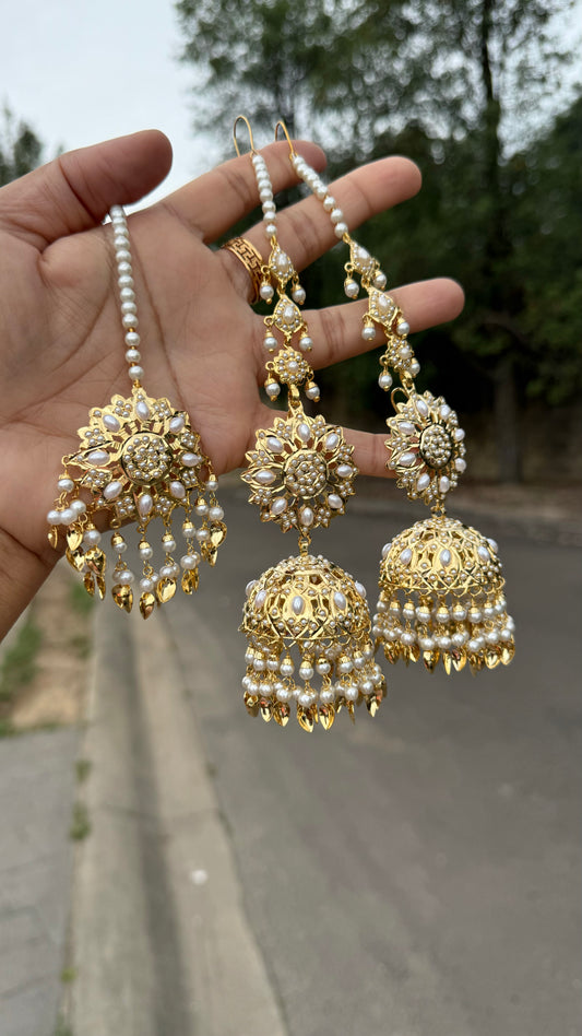 real jadau gold plated jhumka earrings with tikka