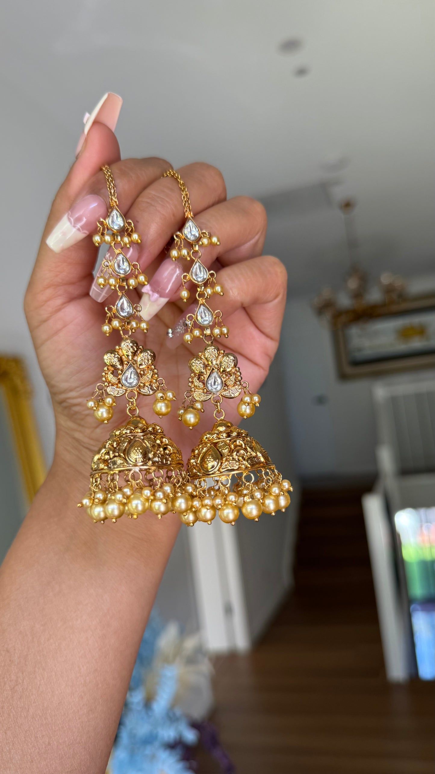 1g Gold plated jhumki earrings with attached sahare inspired from real gold design Sandookh collection