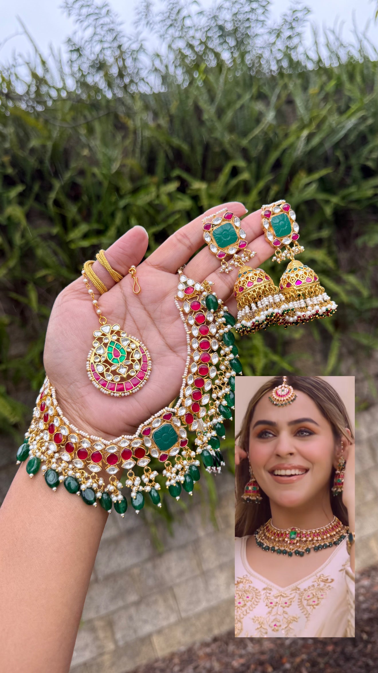 Pachi Kundan necklace with tikka and jhumka