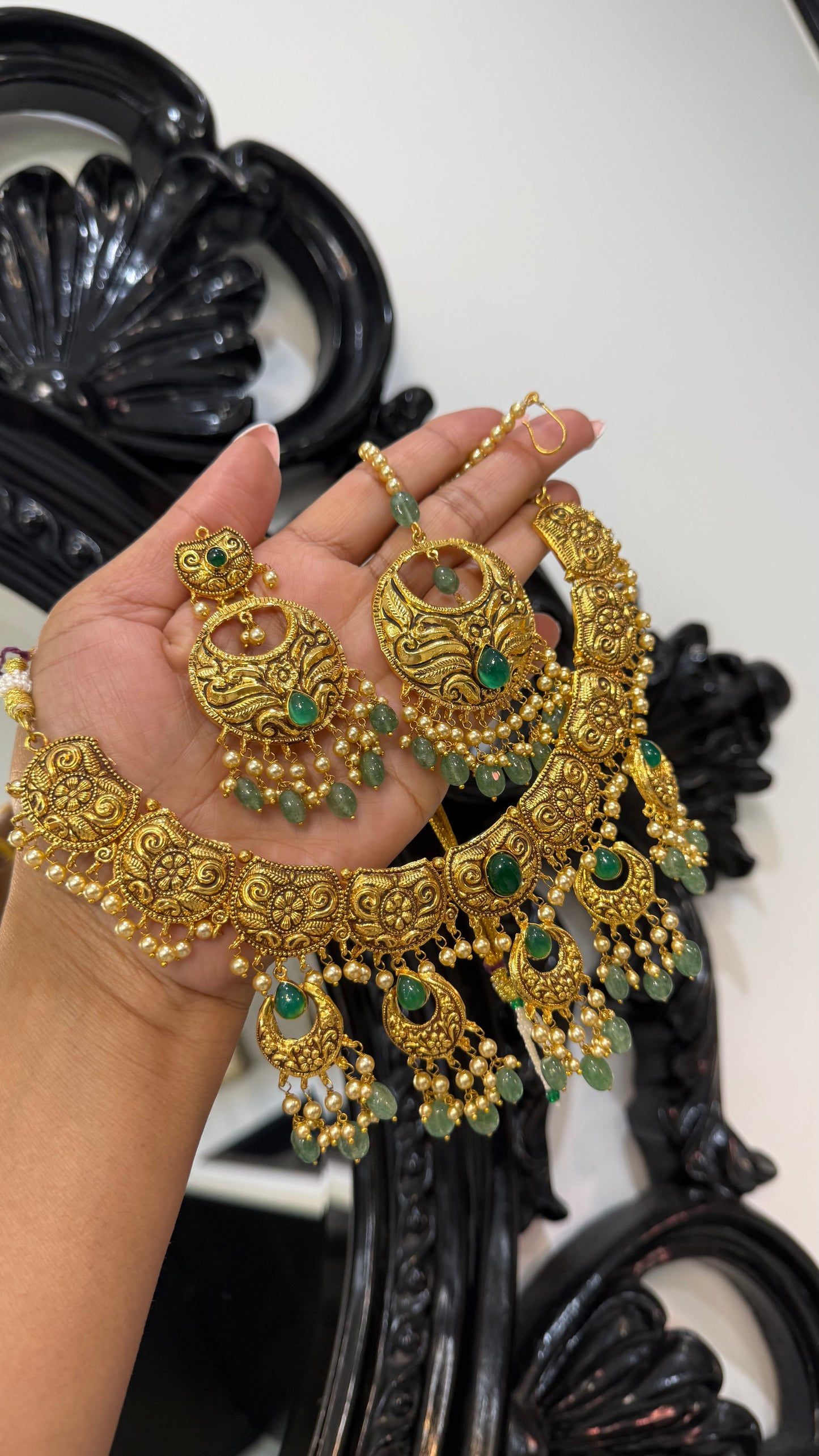 Antique look Gold Plated Necklace with Earring and tikka Bridal Jewellery Sandookh collection