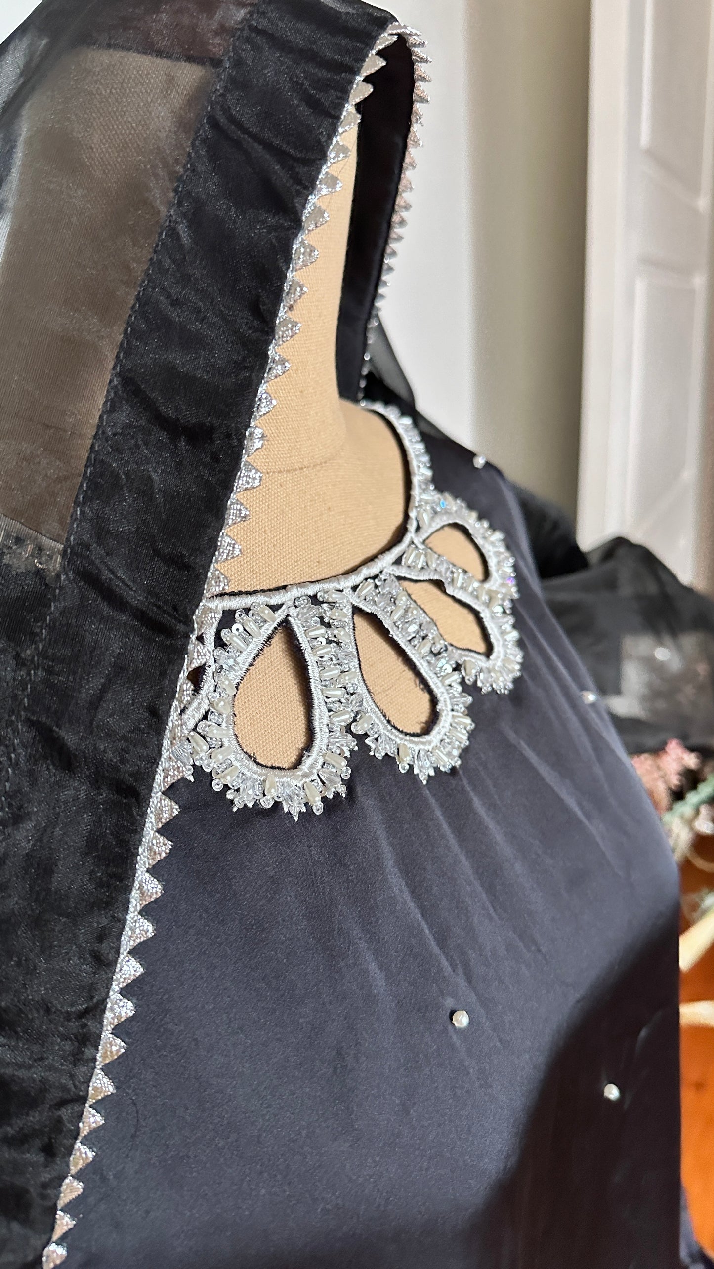 Three piece Pakistani hand work outfit black