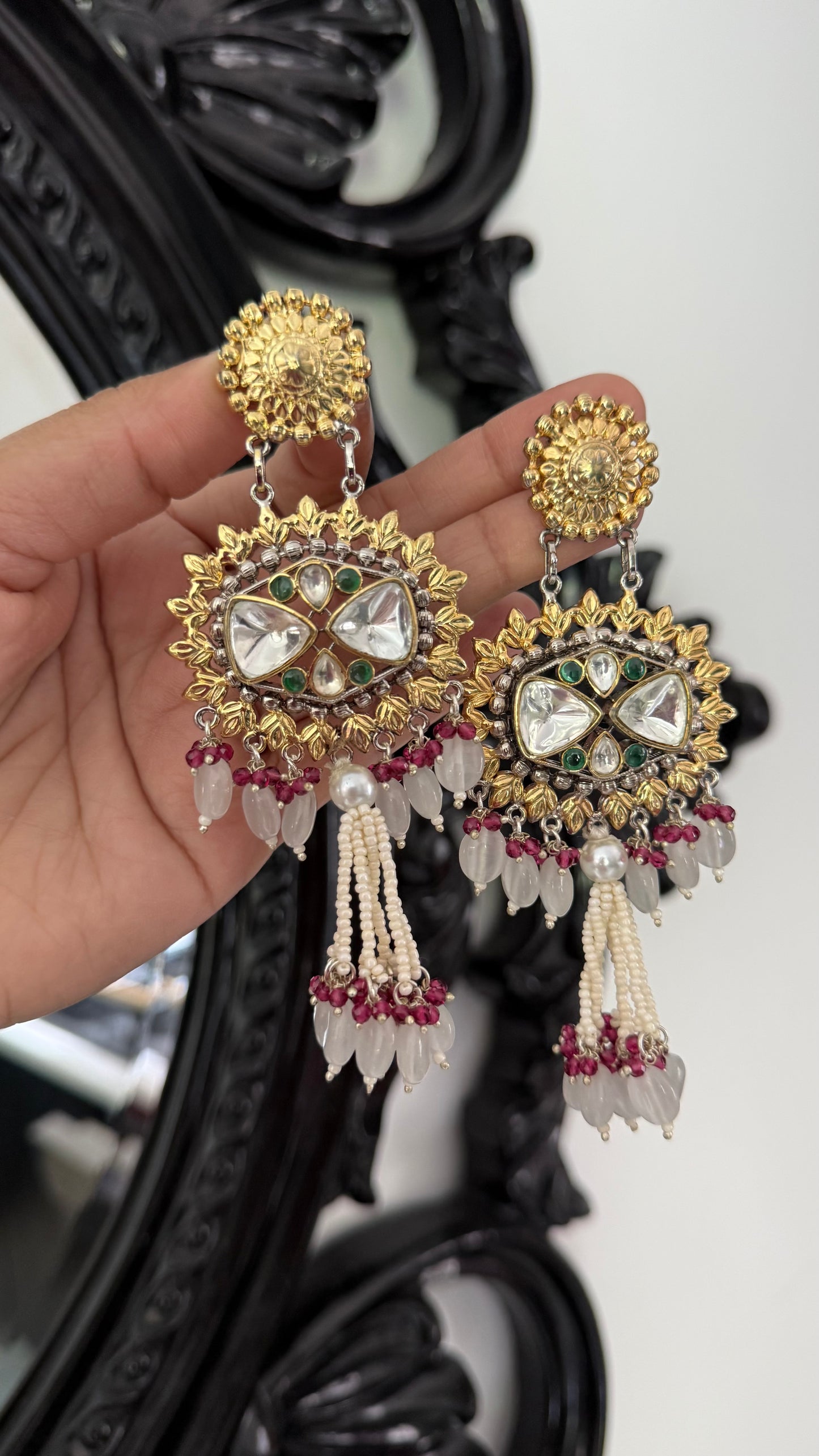 Uncut Kundan Earrings – Silver & Gold Mix Finish | Gold Plated | Real Beads