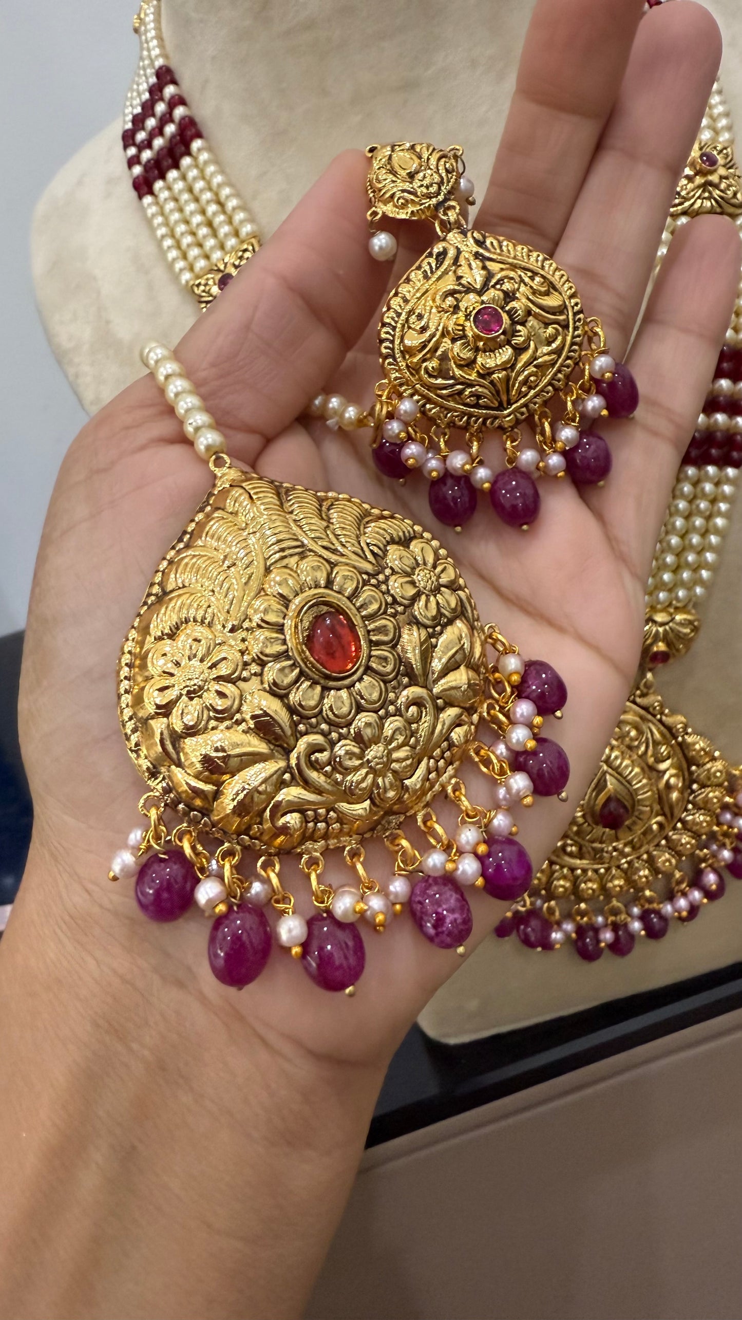 Gold Plated Indian Raani haar Set with Earrings & Tikka – Bridal Jewelry Sandookh collection