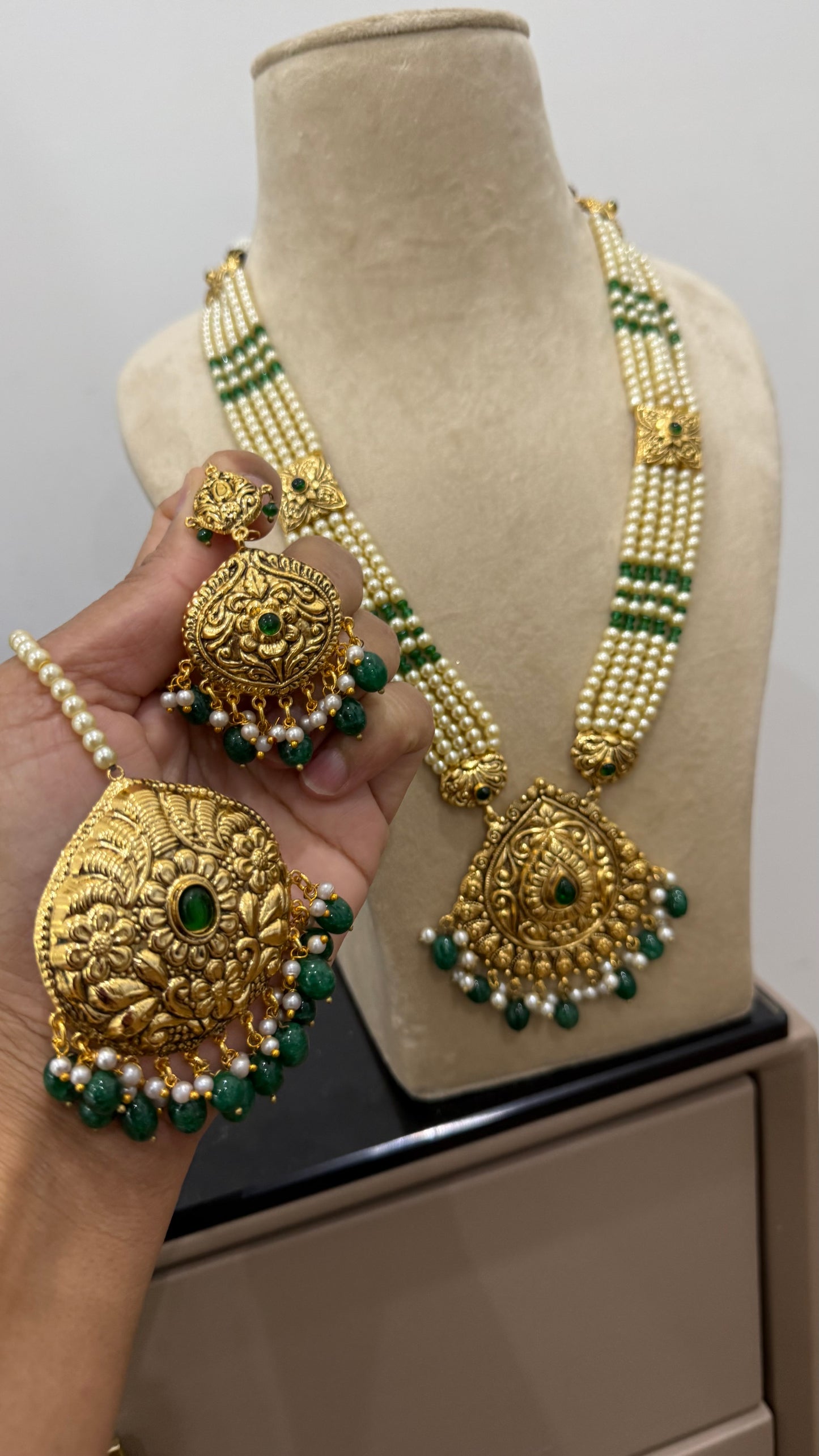 Gold Plated Indian Raani haar Set with Earrings & Tikka – Bridal Jewelry Sandookh collection