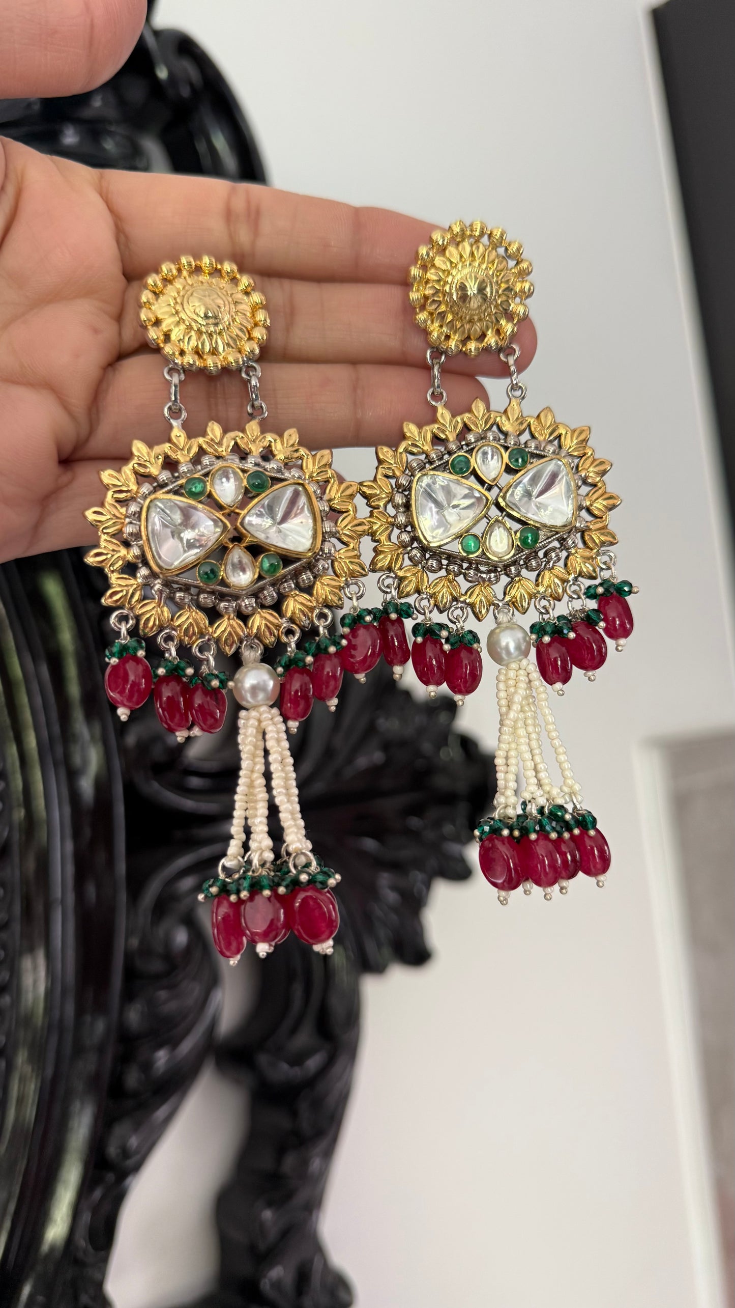 Uncut Kundan Earrings – Silver & Gold Mix Finish | Gold Plated | Real Beads