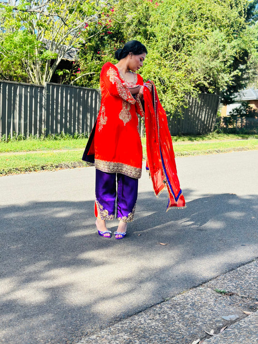 Three piece Pakistani hand work outfit dark orange with purple