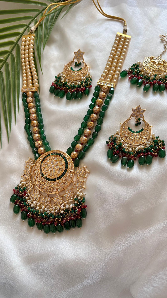 Long necklace raani haar green bridal or regular party wear