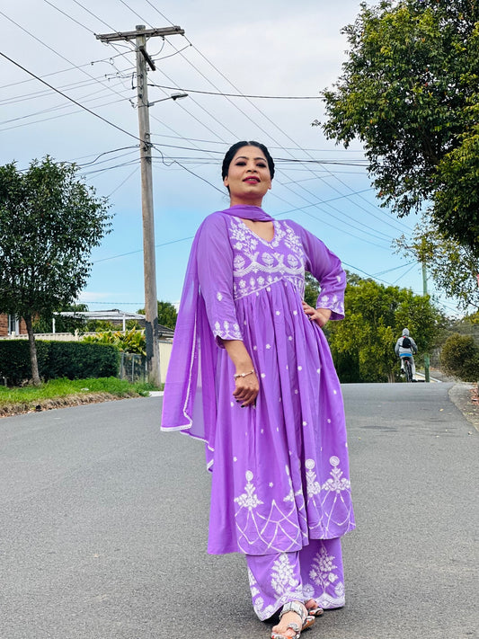 Rayon cotton outfit with loose palazo and dupatta