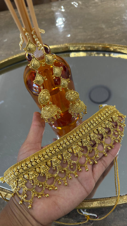 Gold Plated Kundan Necklace with jhumka Earring Bridal Jewellery Sandookh collection