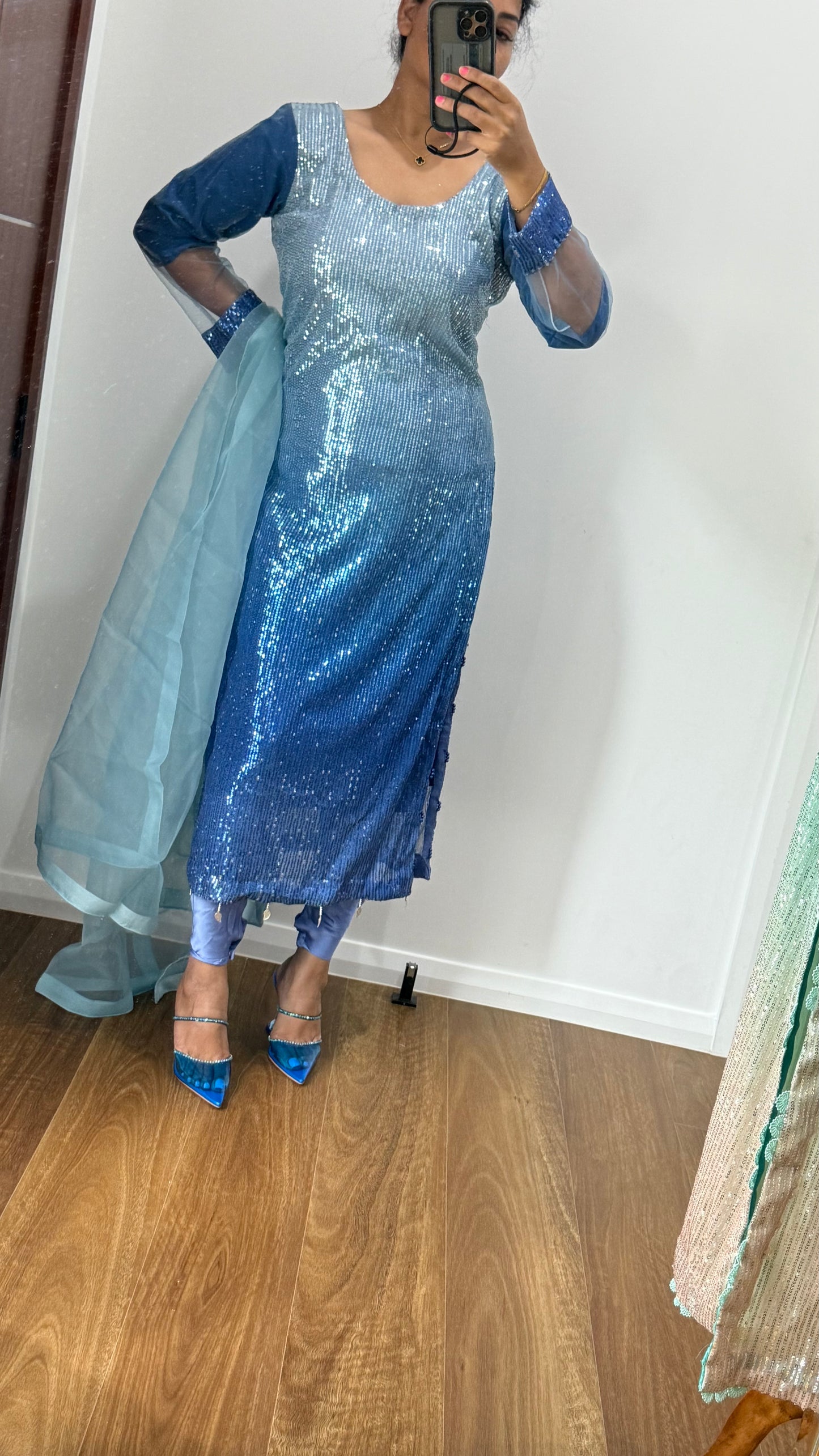 long kurta with dupatta and pants Indian outfit