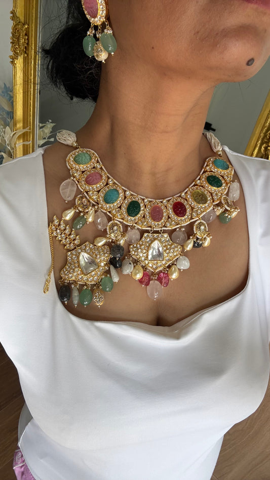 Gold Plated Premium kundan necklace with matching earrings Bridal