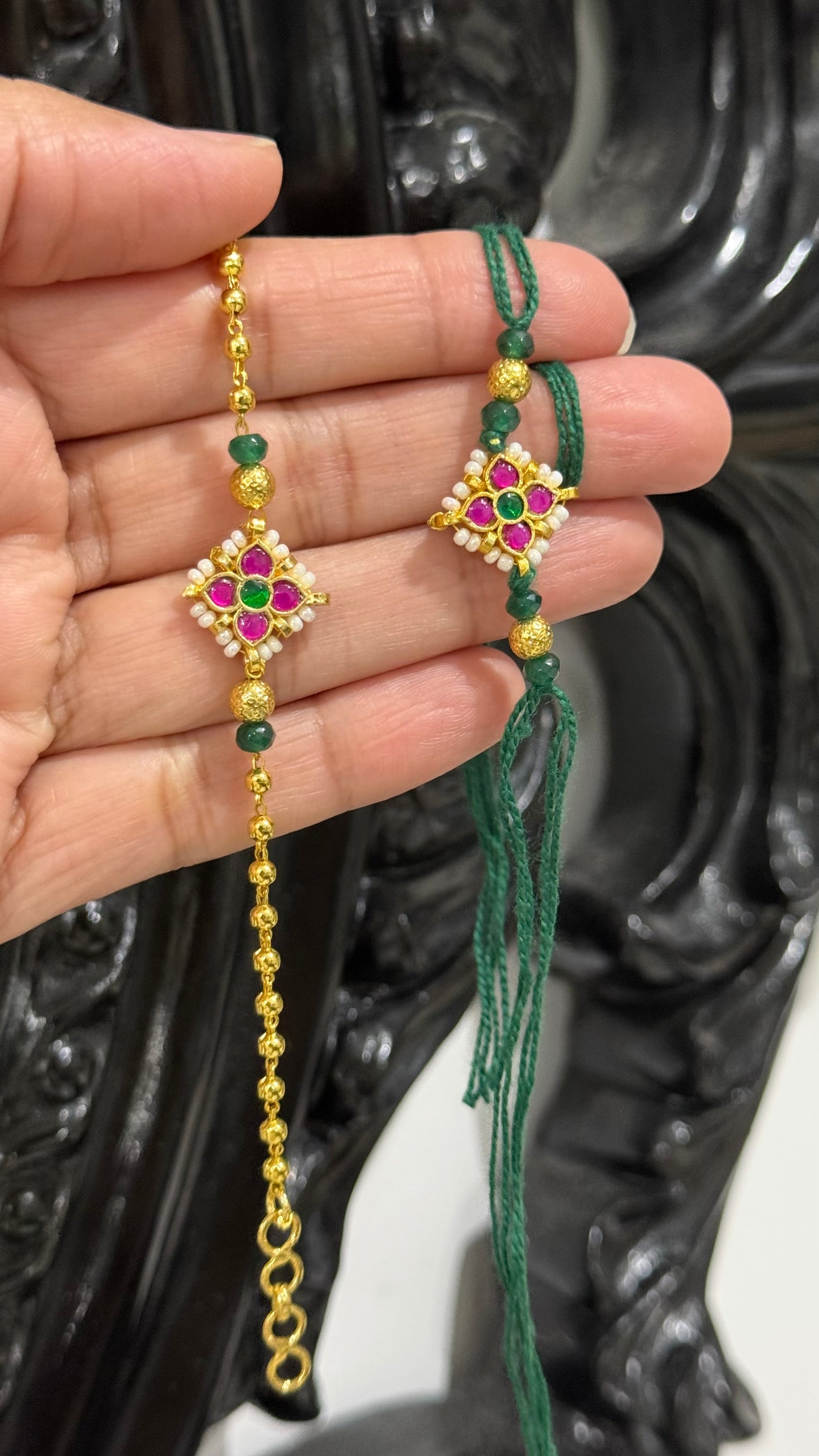 Premium Pachi Kundan Rakhi for Brother and Bhabi combo