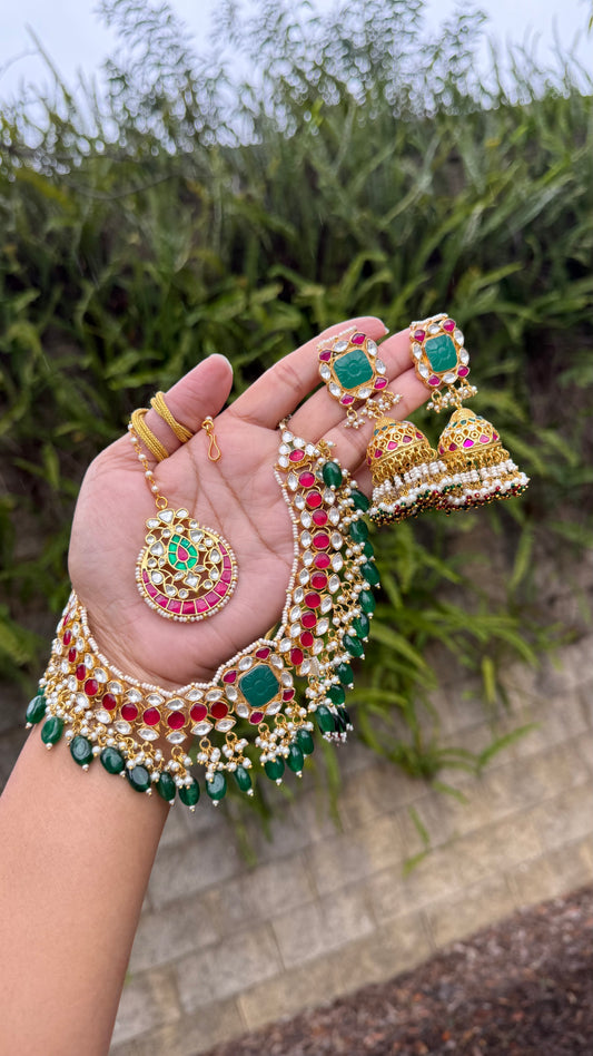 Pachi Kundan necklace with tikka and jhumka