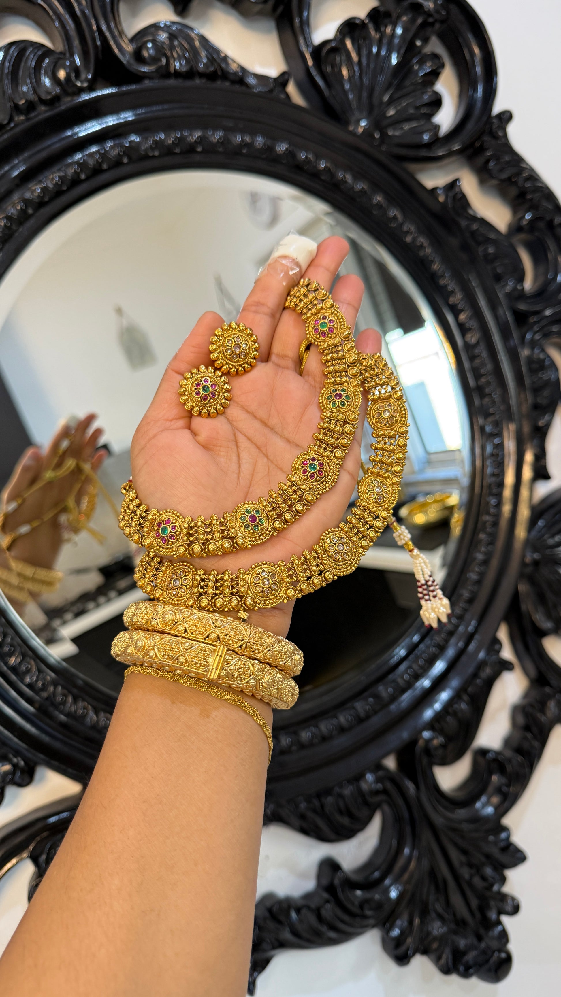 Antique gold-look Indian necklace with Punjabi traditional design, intricate detailing, perfect for bridal jewelry. Includes matching stud, gold-plated for weddings and festive occasions