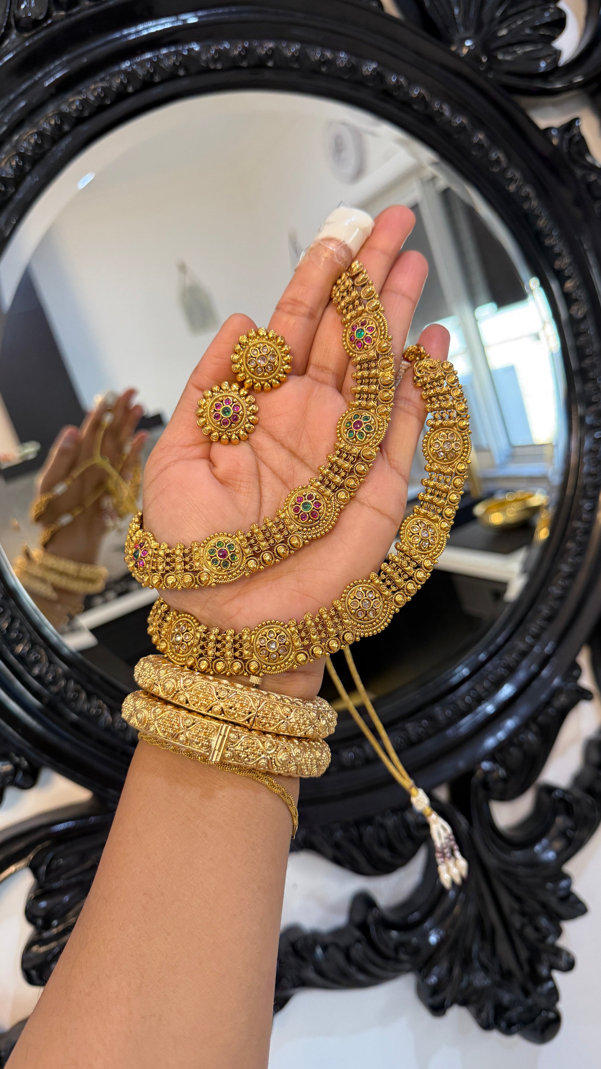 Antique gold-look Indian necklace with Punjabi traditional design, intricate detailing, perfect for bridal jewelry. Includes matching stud, gold-plated for weddings and festive occasions