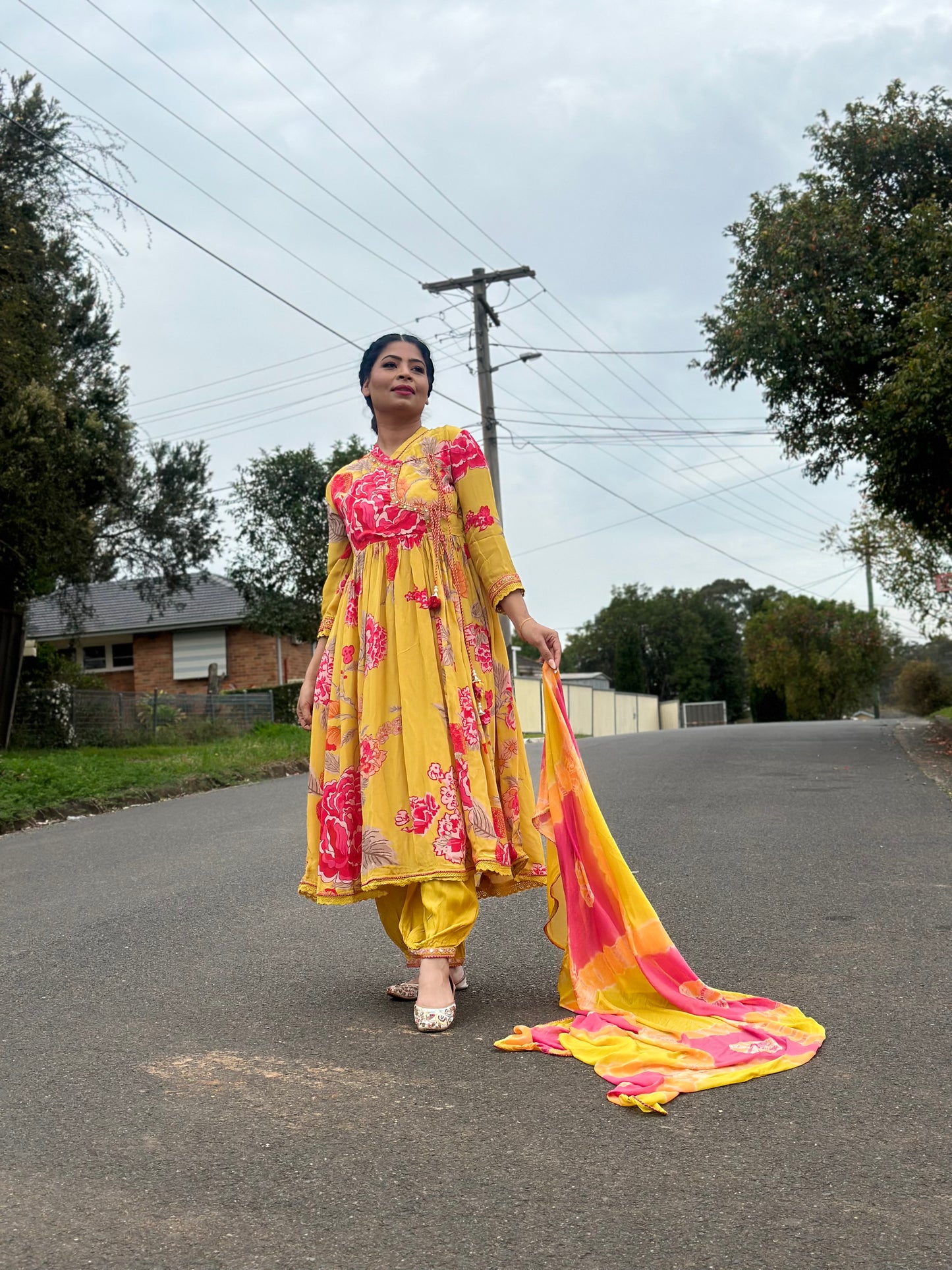 yellow mustard Natural crepe anarkali style outfit