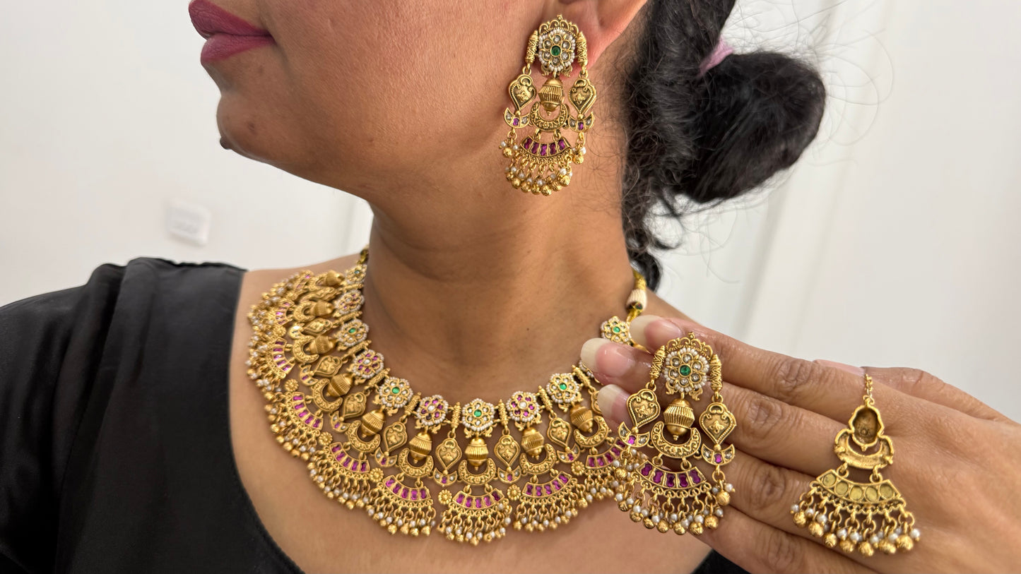 Heritage Jewelry Gold Plated Indian Choker Set with Earrings and tikka Bridal set Sandookh collection