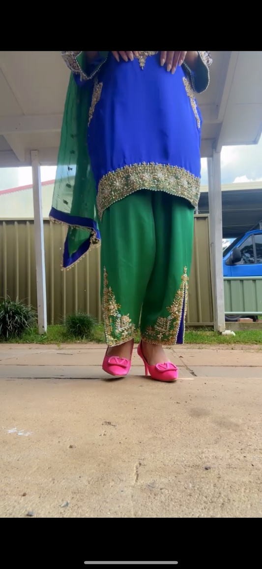Three piece Pakistani hand work outfit dark blue and green