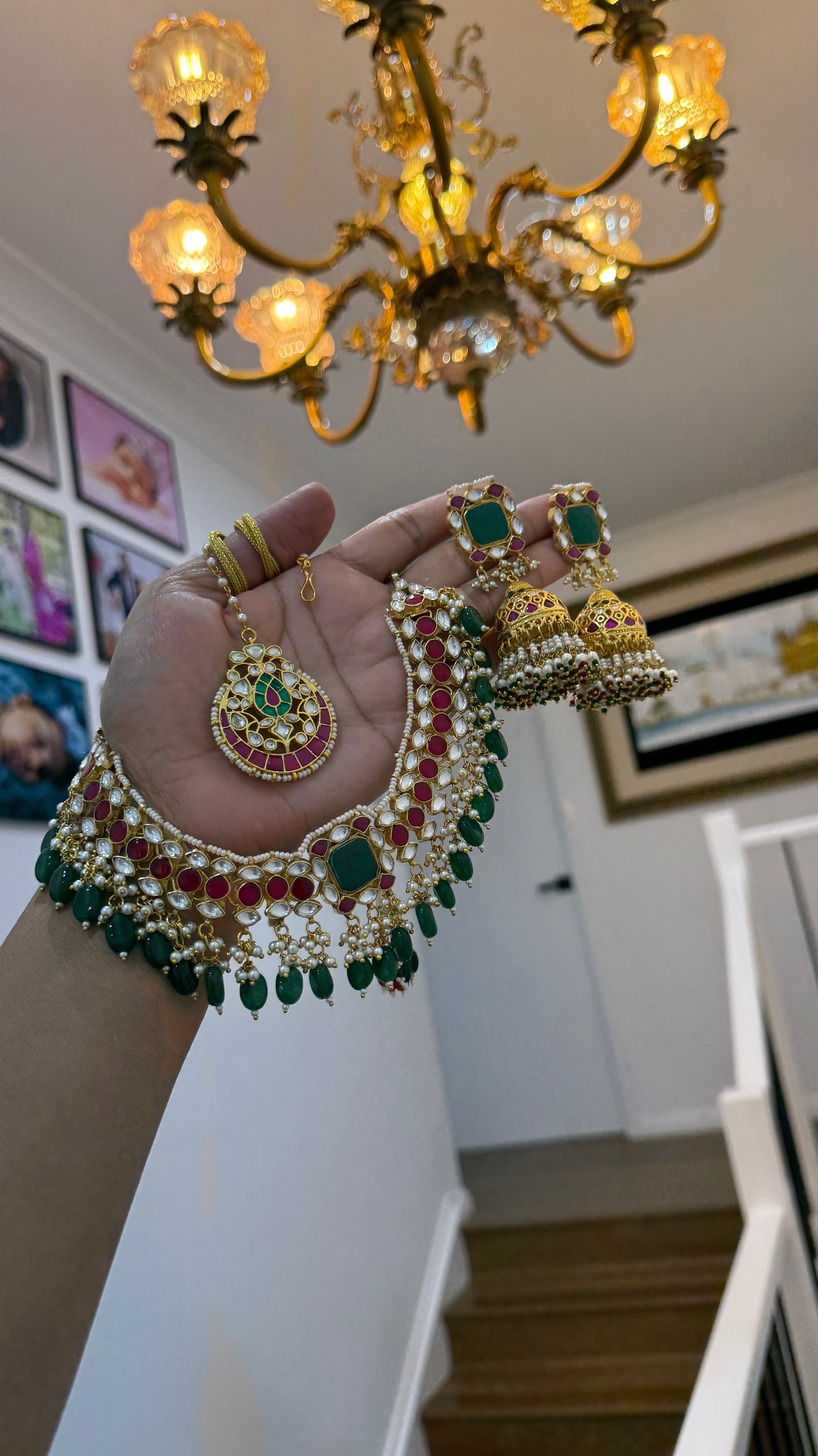 Pachi Kundan necklace with tikka and jhumka