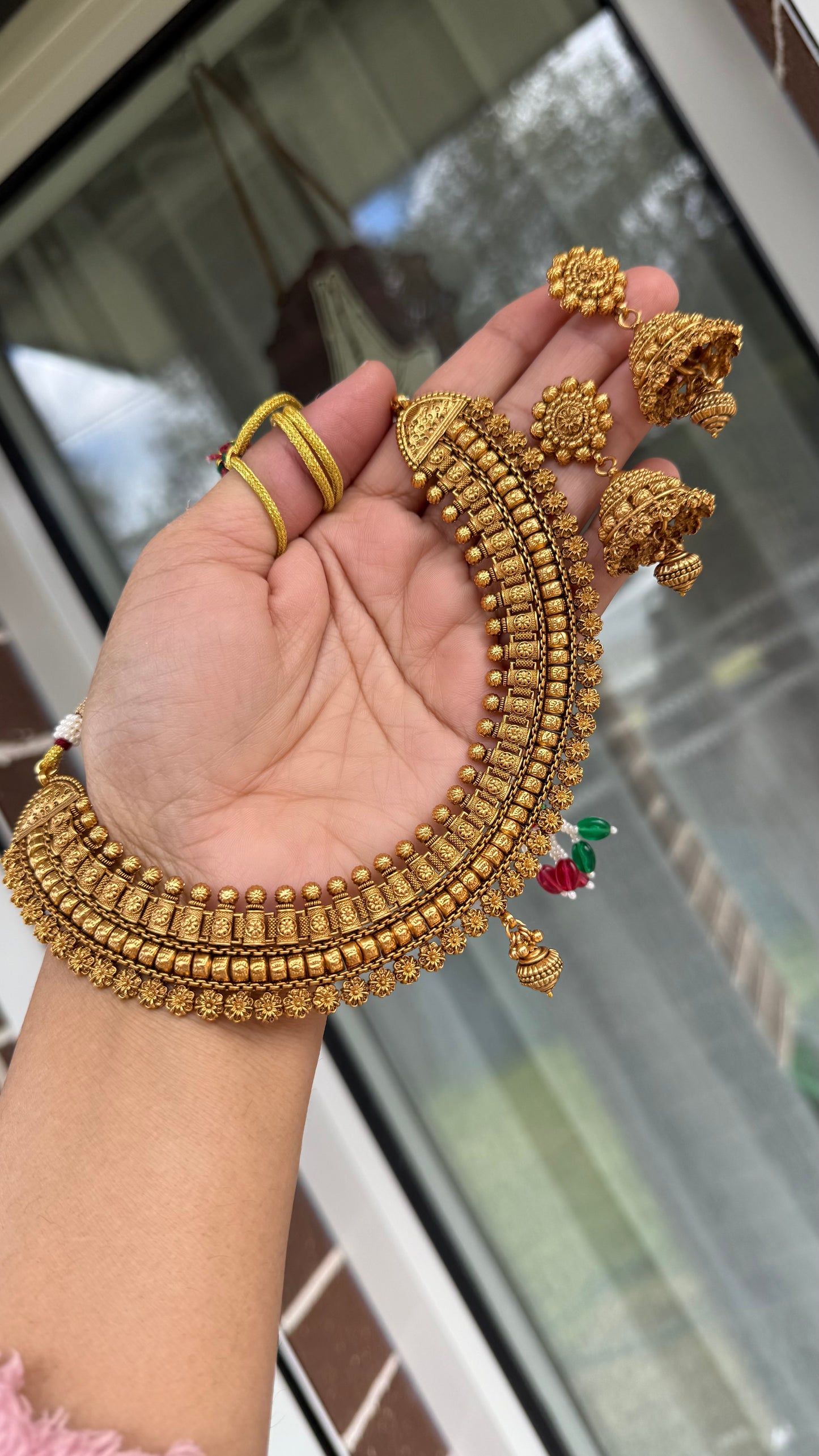 Antique gold plated necklace with intricate traditional Indian design, handcrafted jewellery available in Australia