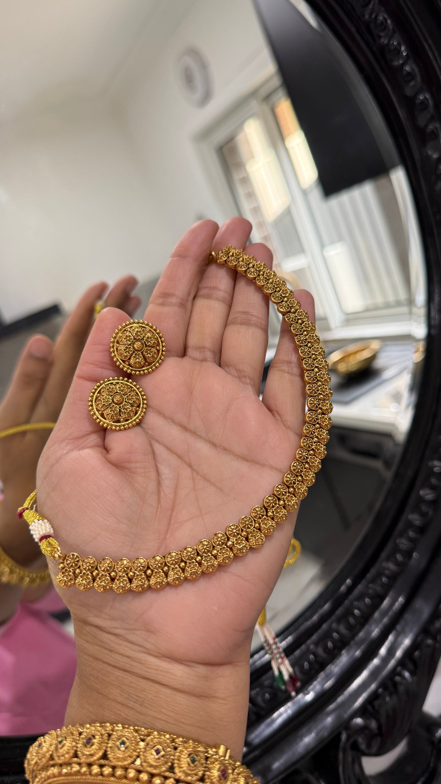 Antique gold plated necklace with matching stud earrings – traditional Indian bridal jewelry available in Australia and worldwide