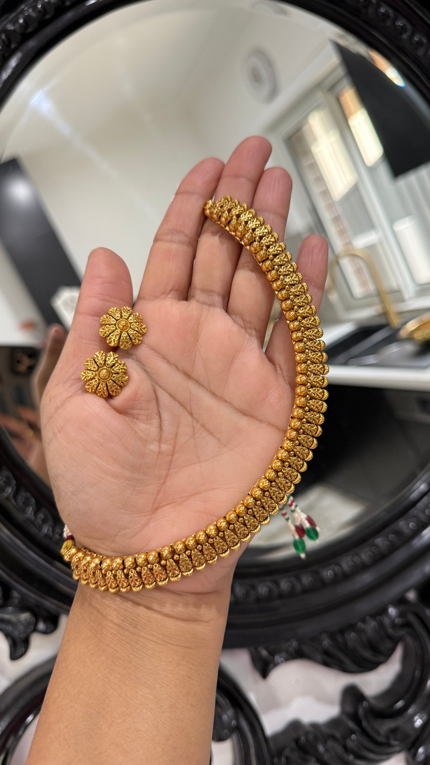 Antique gold plated necklace with matching stud earrings – traditional Indian bridal jewelry available in Australia and worldwide