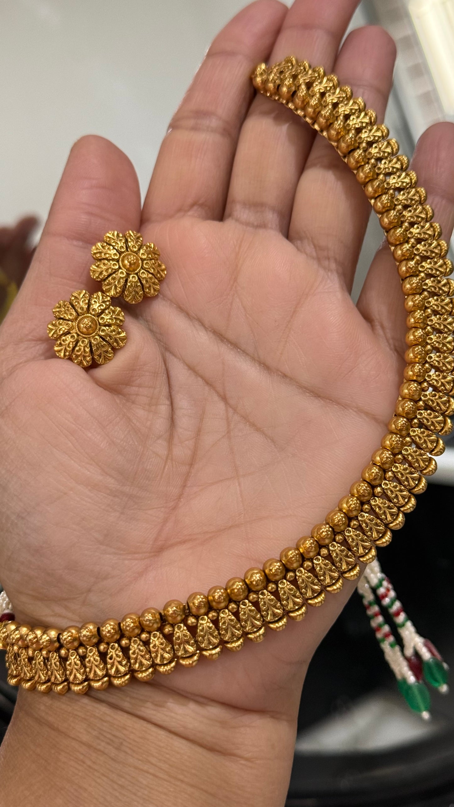 Antique gold plated necklace with matching stud earrings – traditional Indian bridal jewelry available in Australia and worldwide