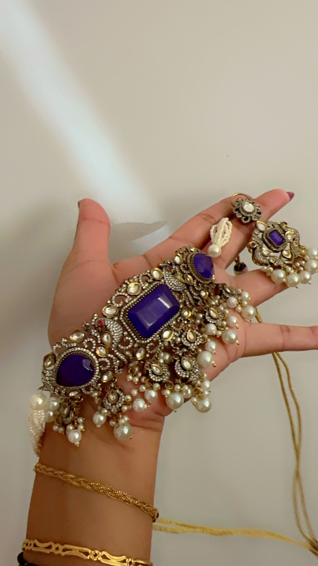 Moissanite choker with earrings with doublet stone electric purple