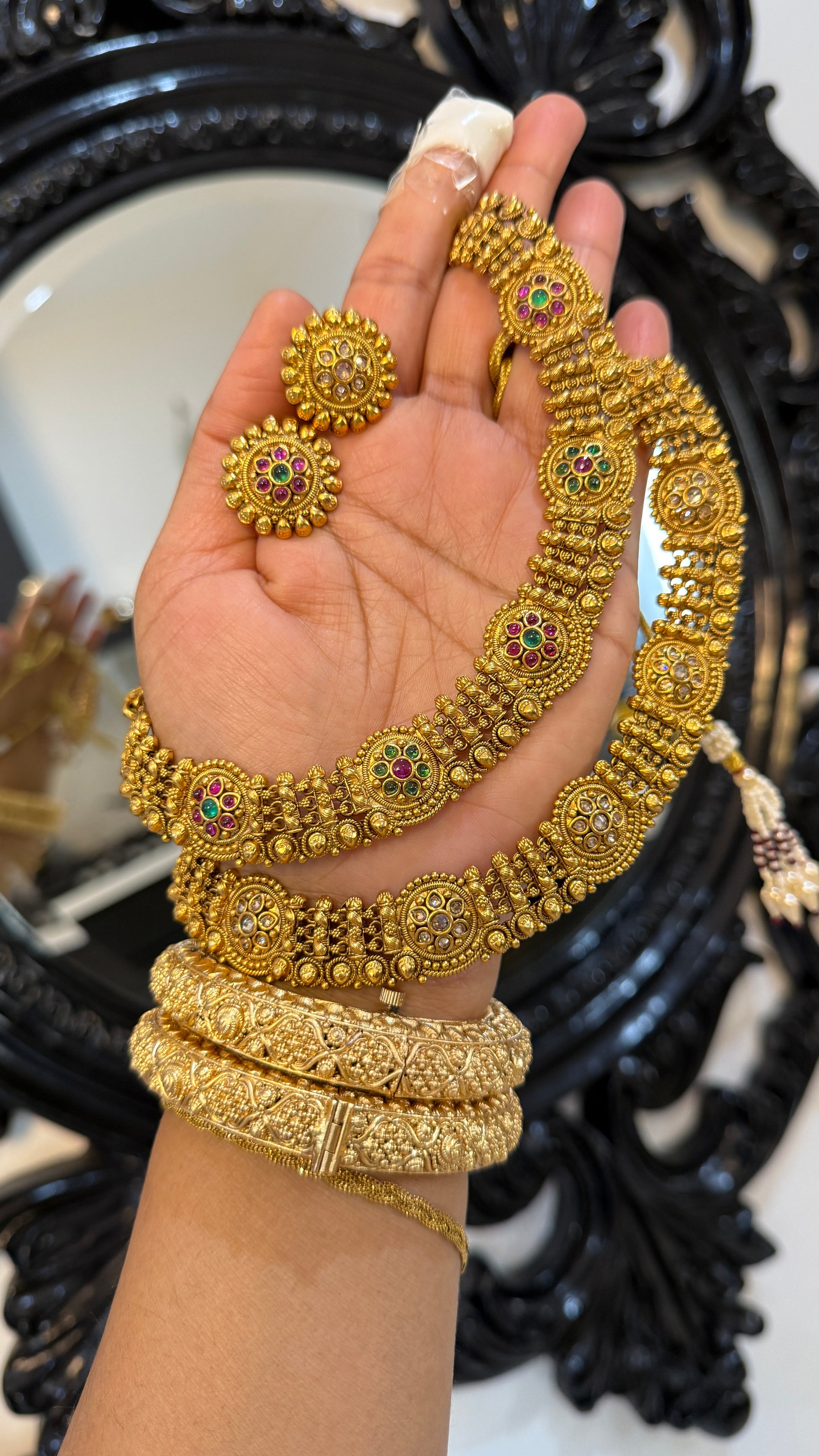 Antique gold-look Indian necklace with Punjabi traditional design, intricate detailing, perfect for bridal jewelry. Includes matching stud, gold-plated for weddings and festive occasions