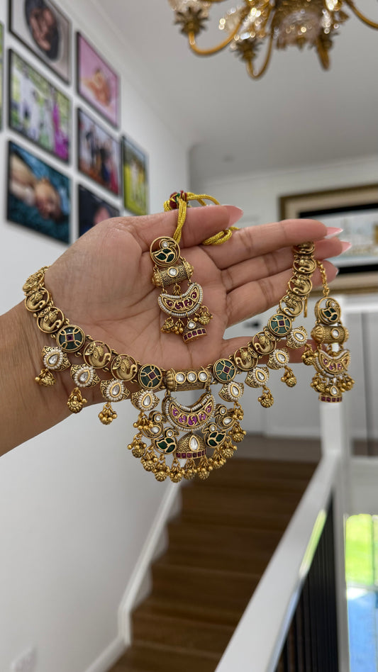 Heritage Jewelry Gold Plated Indian Choker Set with Earrings and tikka Sandookh collection
