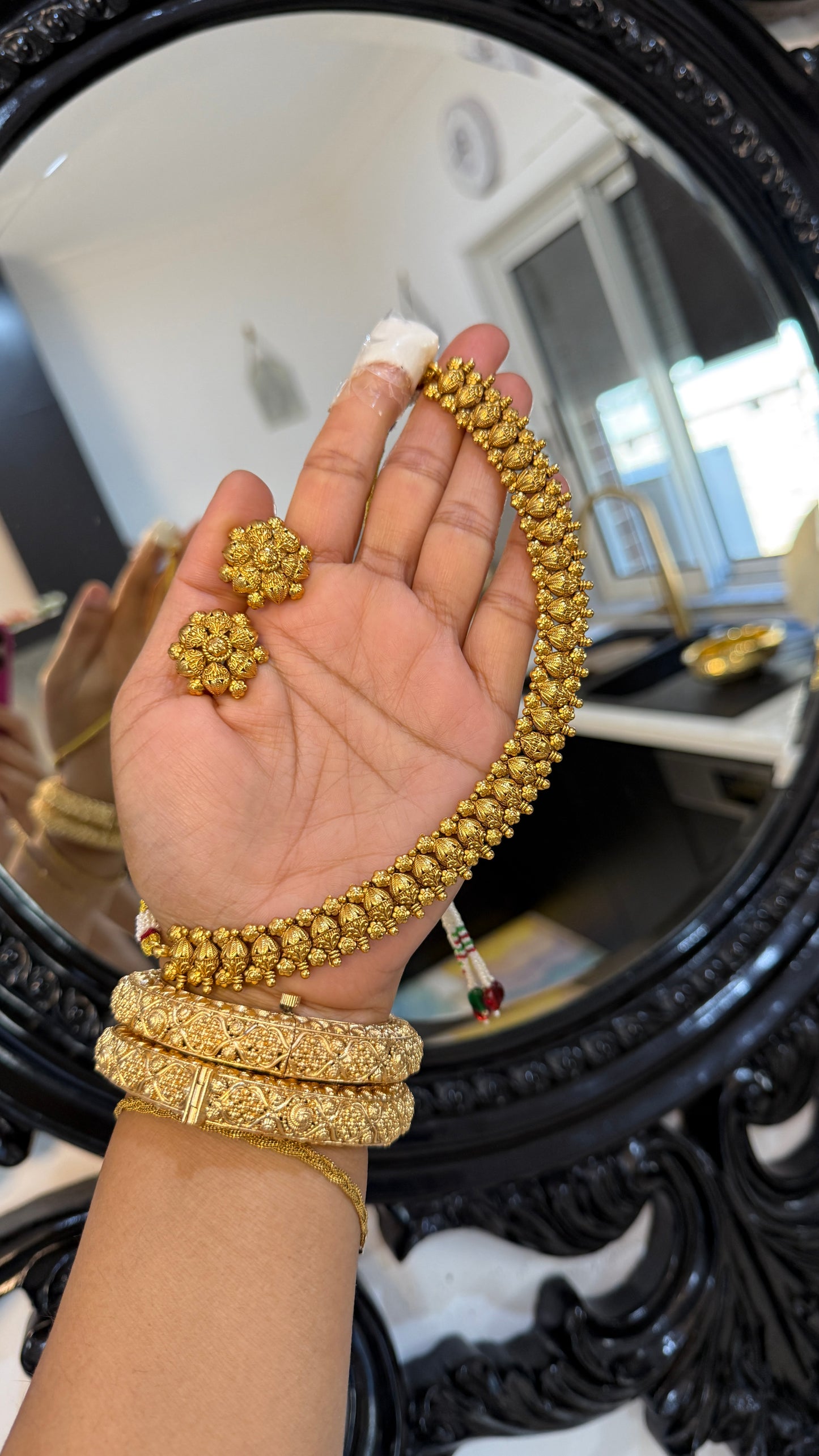Antique gold-look Indian necklace with Punjabi traditional design, intricate detailing, perfect for bridal jewelry. Includes matching stud, gold-plated for weddings and festive occasions