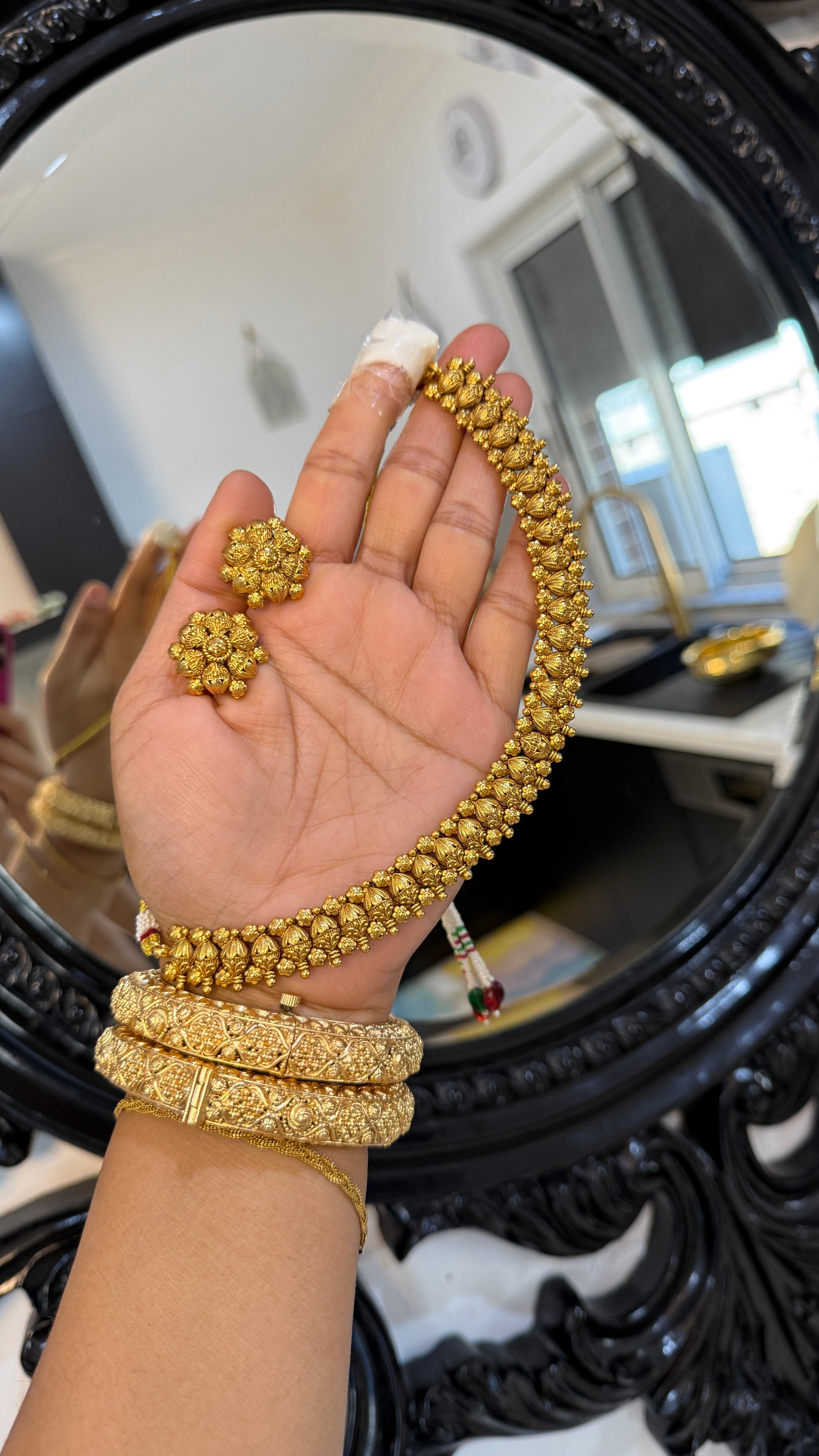 Antique gold-look Indian necklace with Punjabi traditional design, intricate detailing, perfect for bridal jewelry. Includes matching stud, gold-plated for weddings and festive occasions