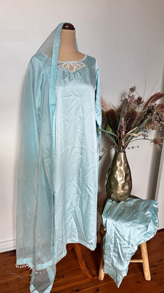 Three piece Pakistani hand work outfit light blue