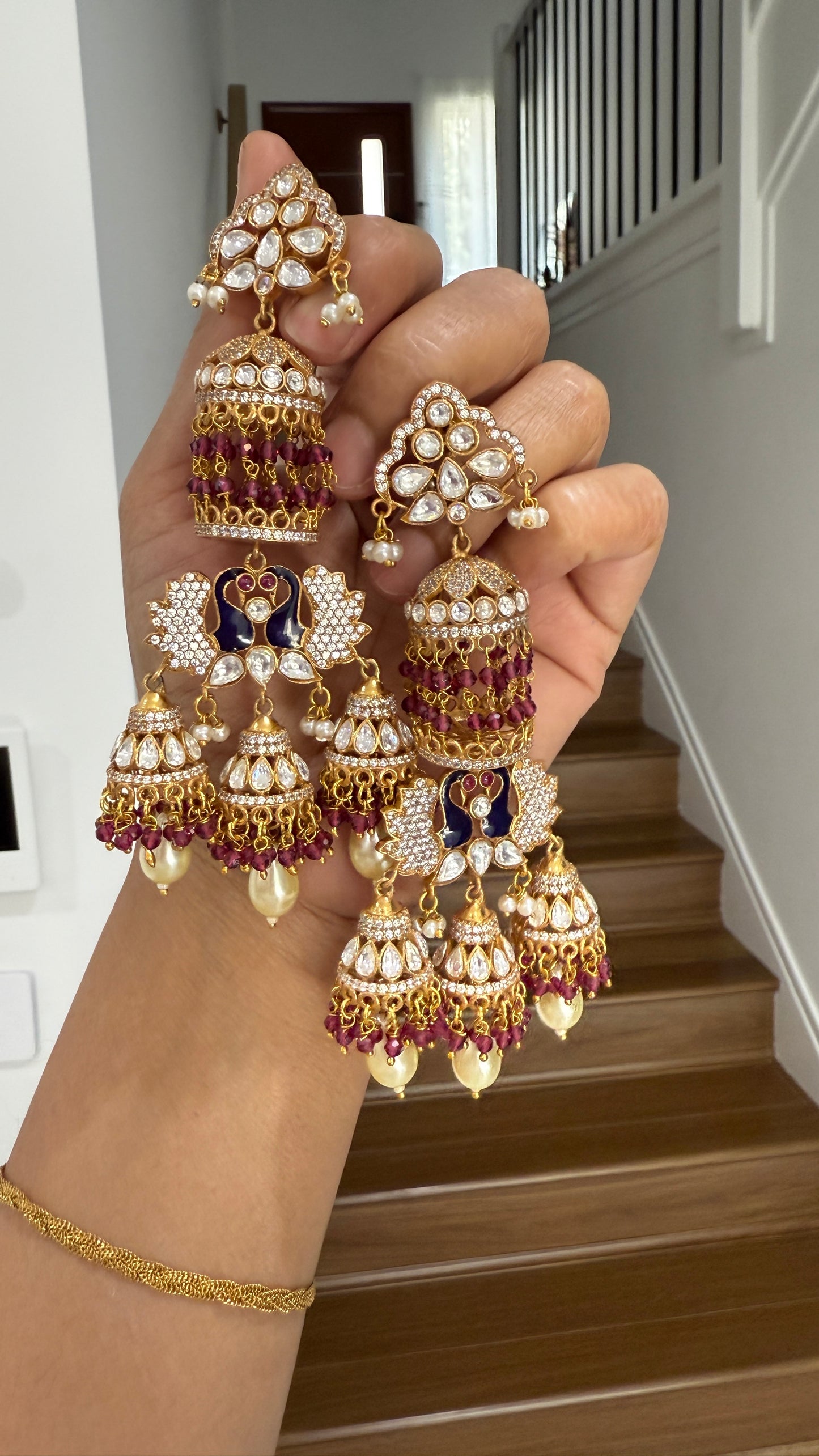Matt finish moissanite Kundan statement earrings antique gold