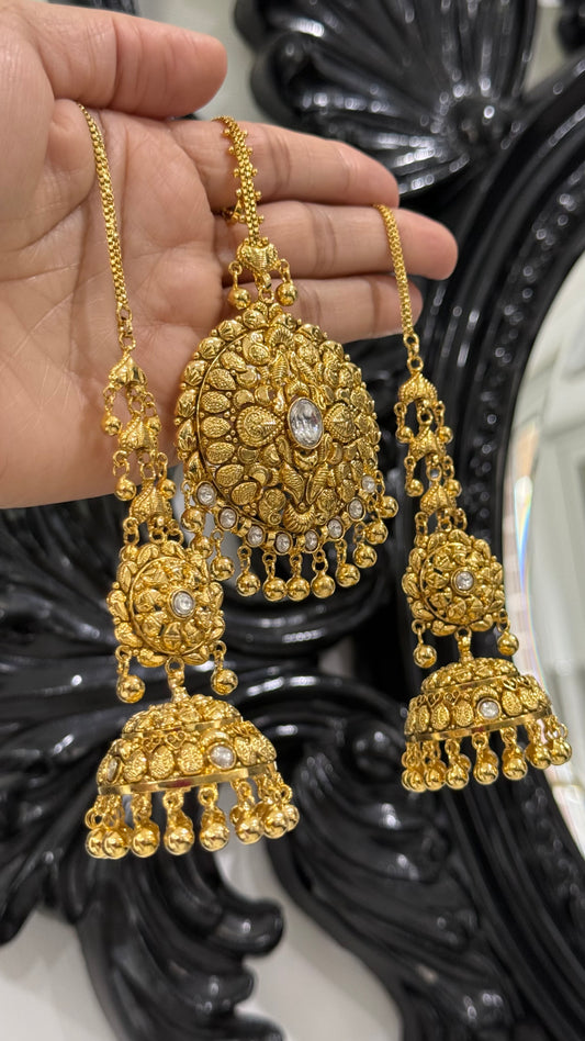 Gold plated earrings inspired from real gold design Jhumka and tikka Combo Sandookh Collection
