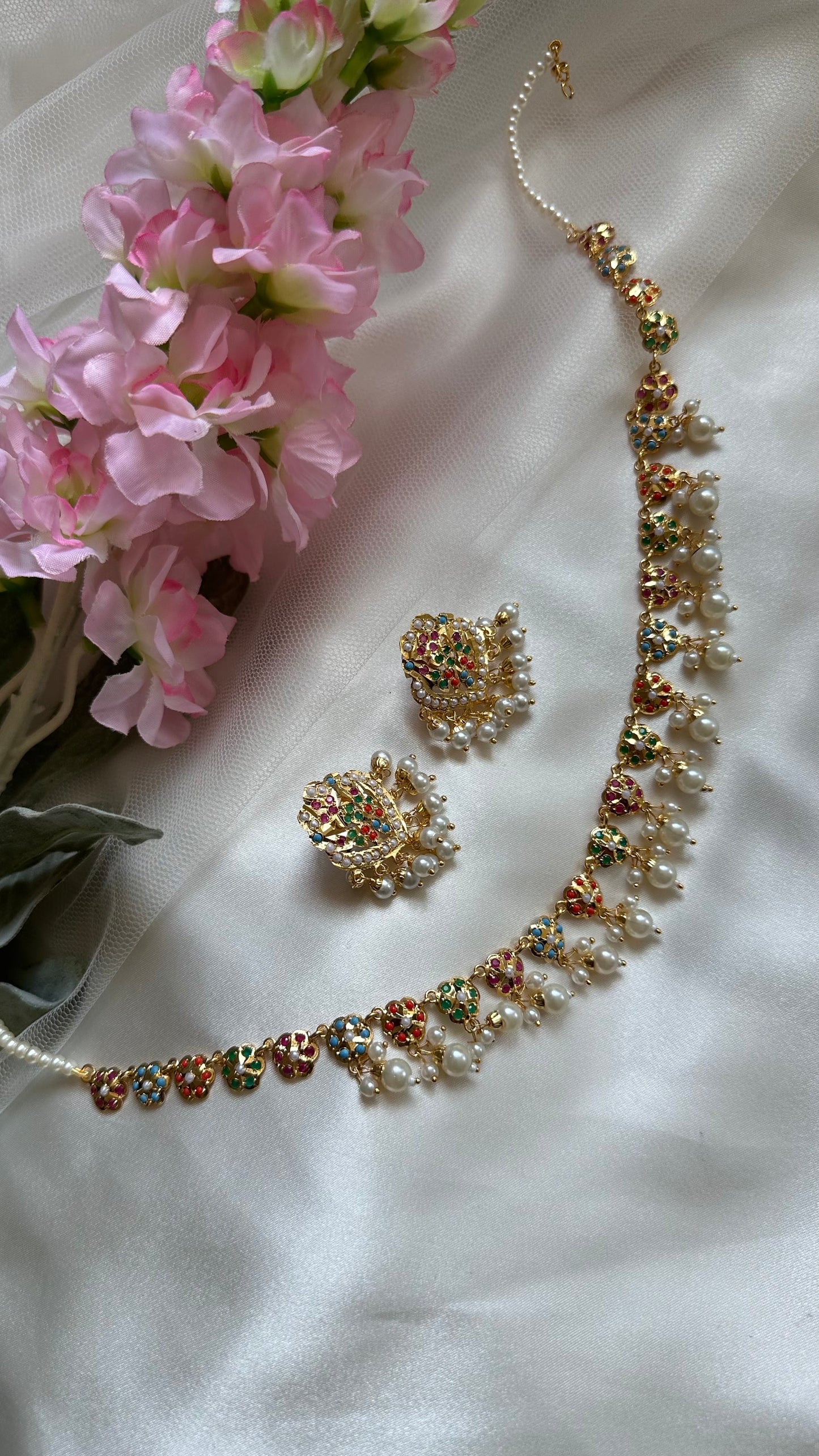 Real jadau gold plated navratan string with studs necklace