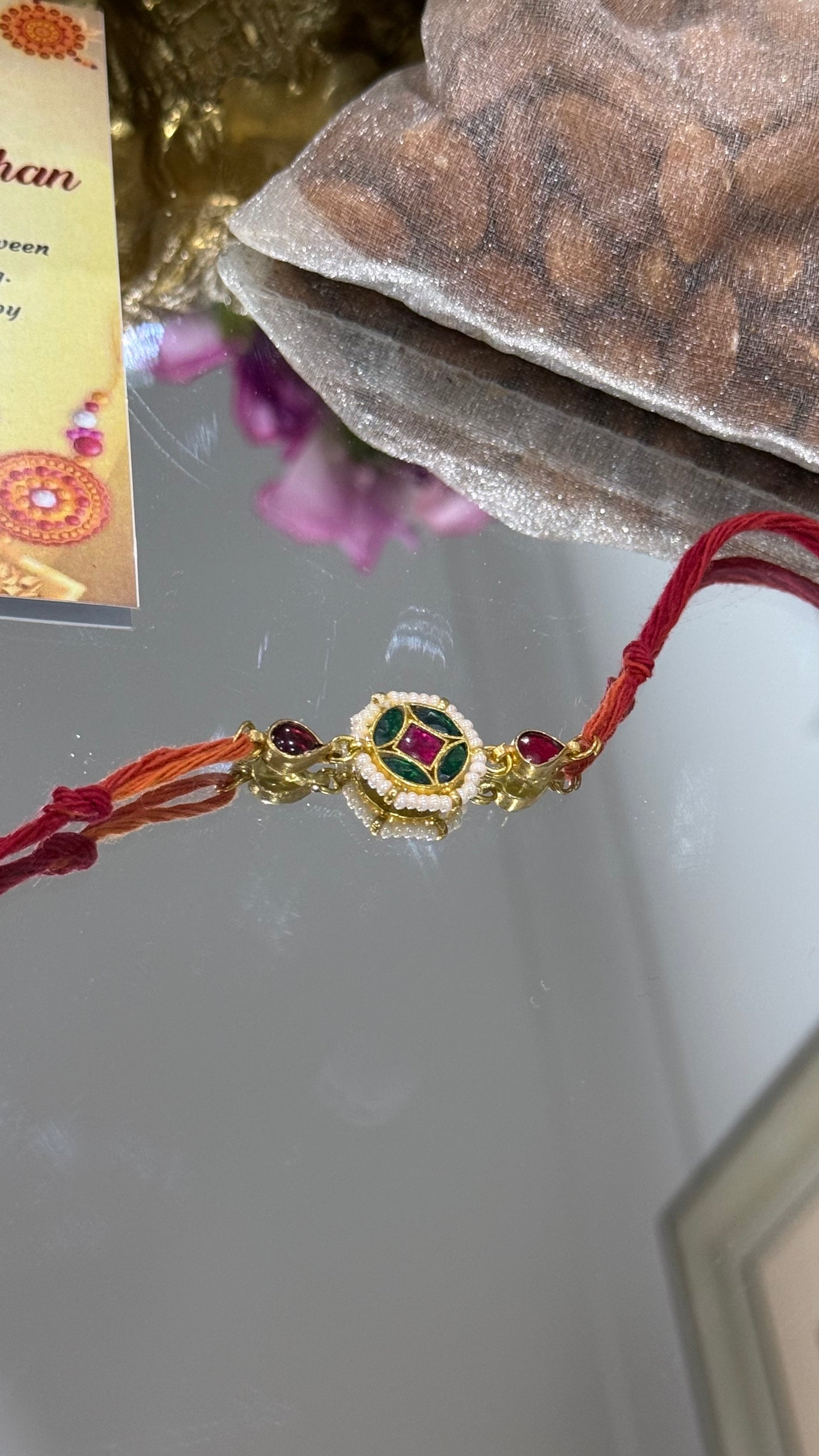 Elegant Pachi Kundan Rakhi with traditional Indian design, available in Australia and worldwide for Raksha Bandhan gifting