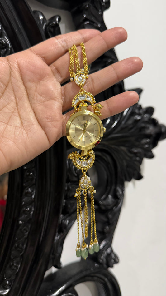 Pachi kundan watch free size gold plated bracelet style