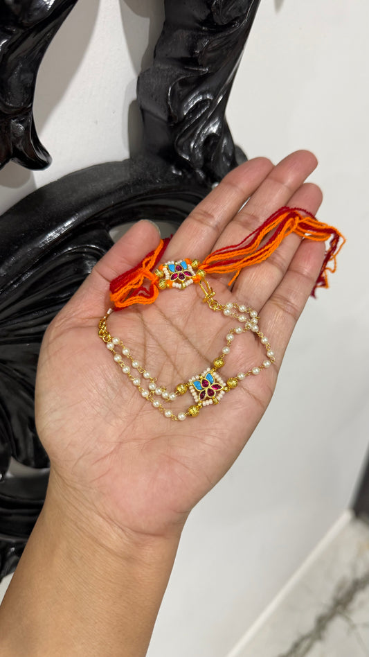 Premium Pachi Kundan Rakhi for Brother and Bhabi combo