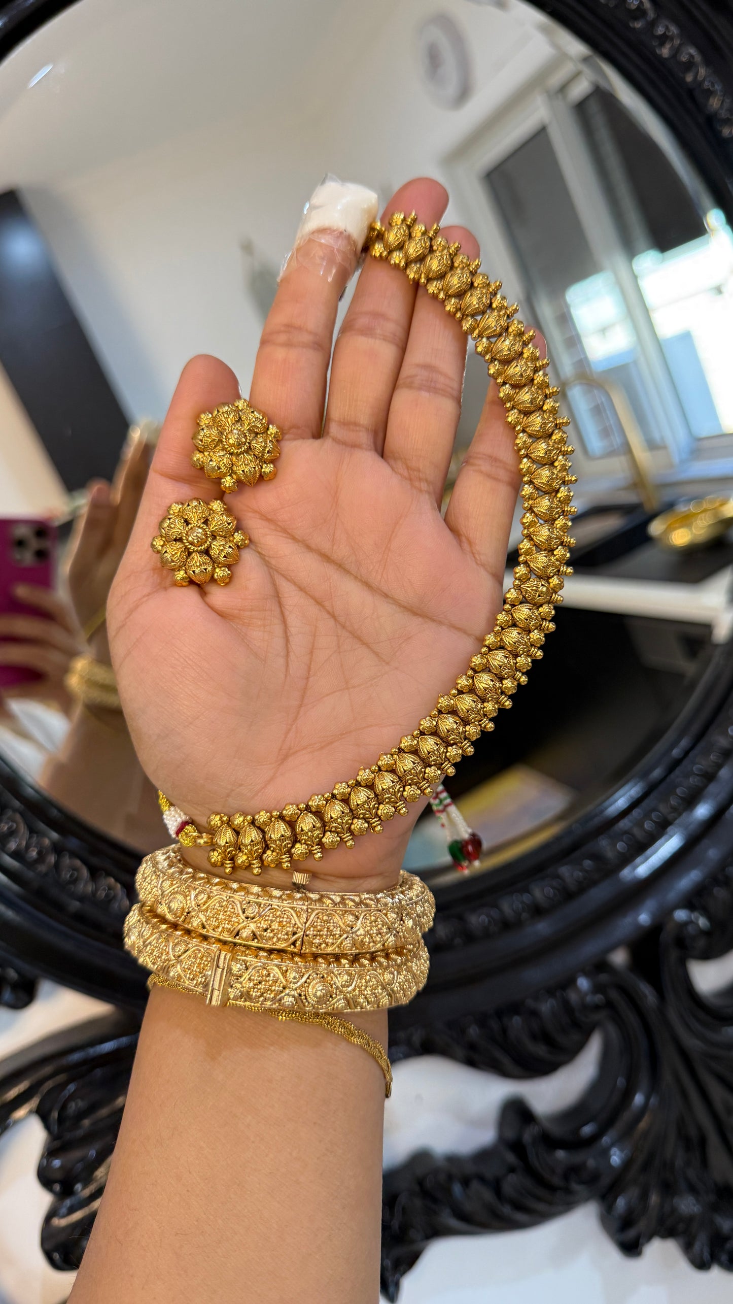 Antique gold-look Indian necklace with Punjabi traditional design, intricate detailing, perfect for bridal jewelry. Includes matching stud, gold-plated for weddings and festive occasions
