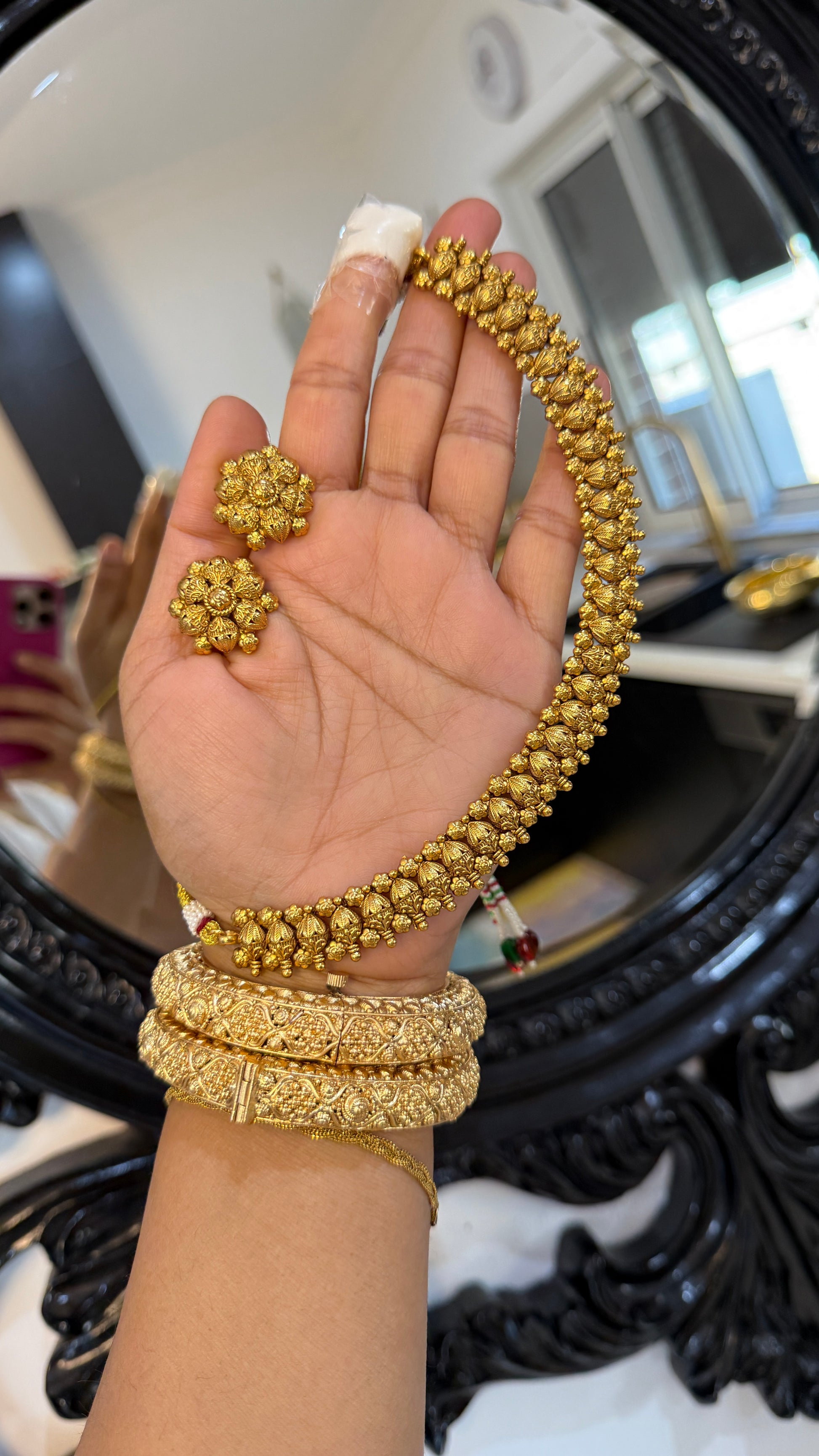 Antique gold-look Indian necklace with Punjabi traditional design, intricate detailing, perfect for bridal jewelry. Includes matching stud, gold-plated for weddings and festive occasions