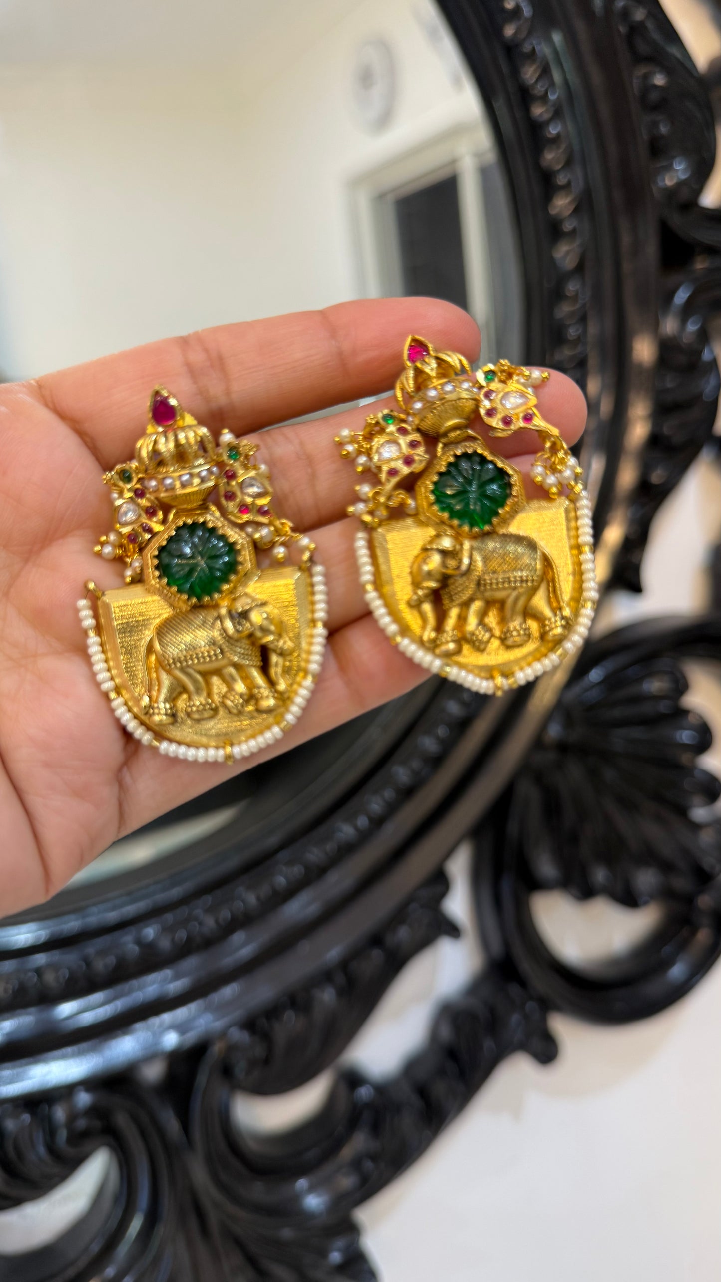 Elephant engraved hand made earrings gold plated